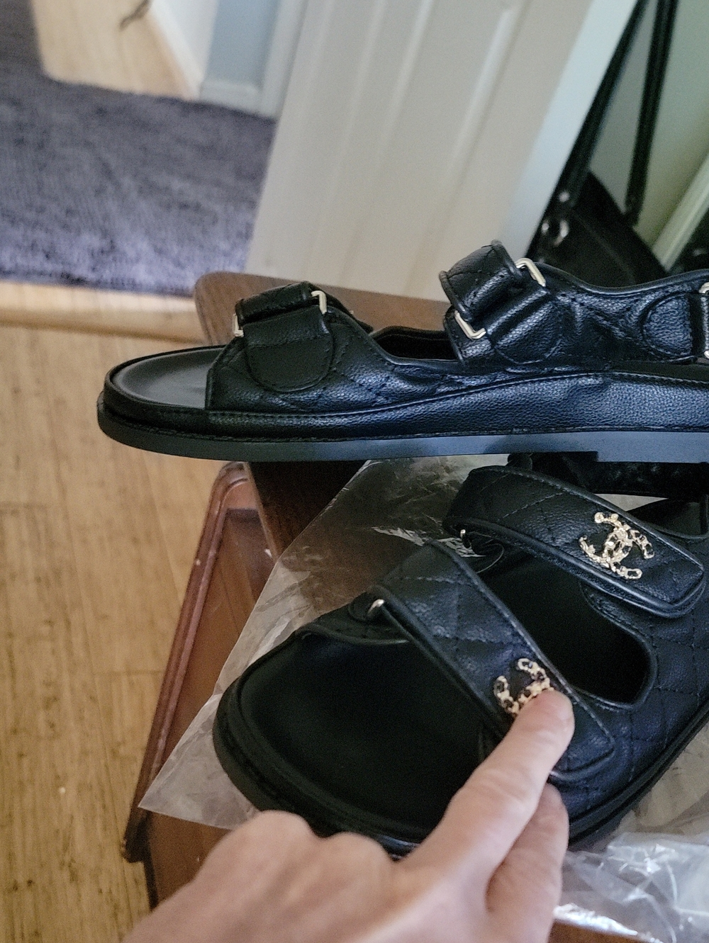 Inspired Black Quilted Sandals with Gold Accent